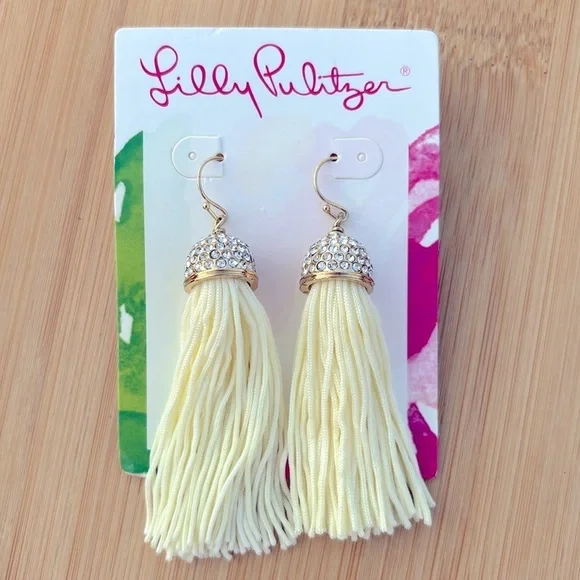 Brand New Lilly Pulitzer Resort White Tassel Earrings Gold Tone Rhinestone Drop - Picture 4 of 12